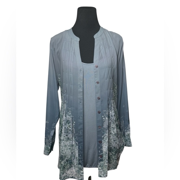 Soft Surroundings Cybele Blue Gray Blouse Top Wildflower Long Sleeve & Tank Set - Picture 1 of 8